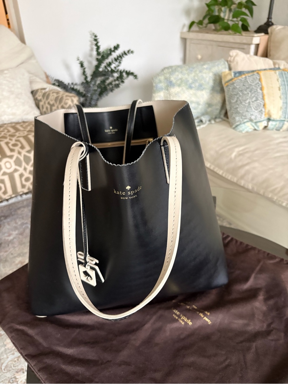 kate spade Black and Cream Leather Tote with shoulder straps,